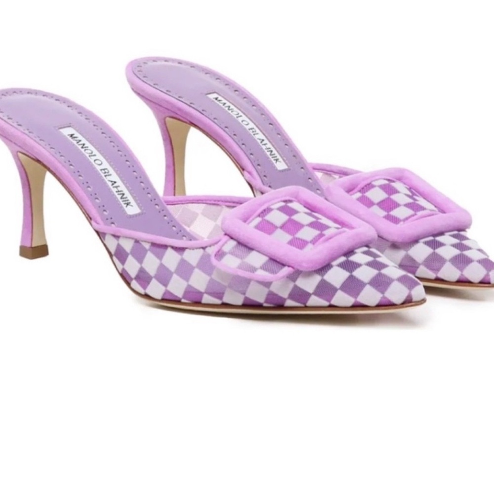 Manolo Blahnik Maysalebi Purple Check Mule Pumps 37.5=7.5